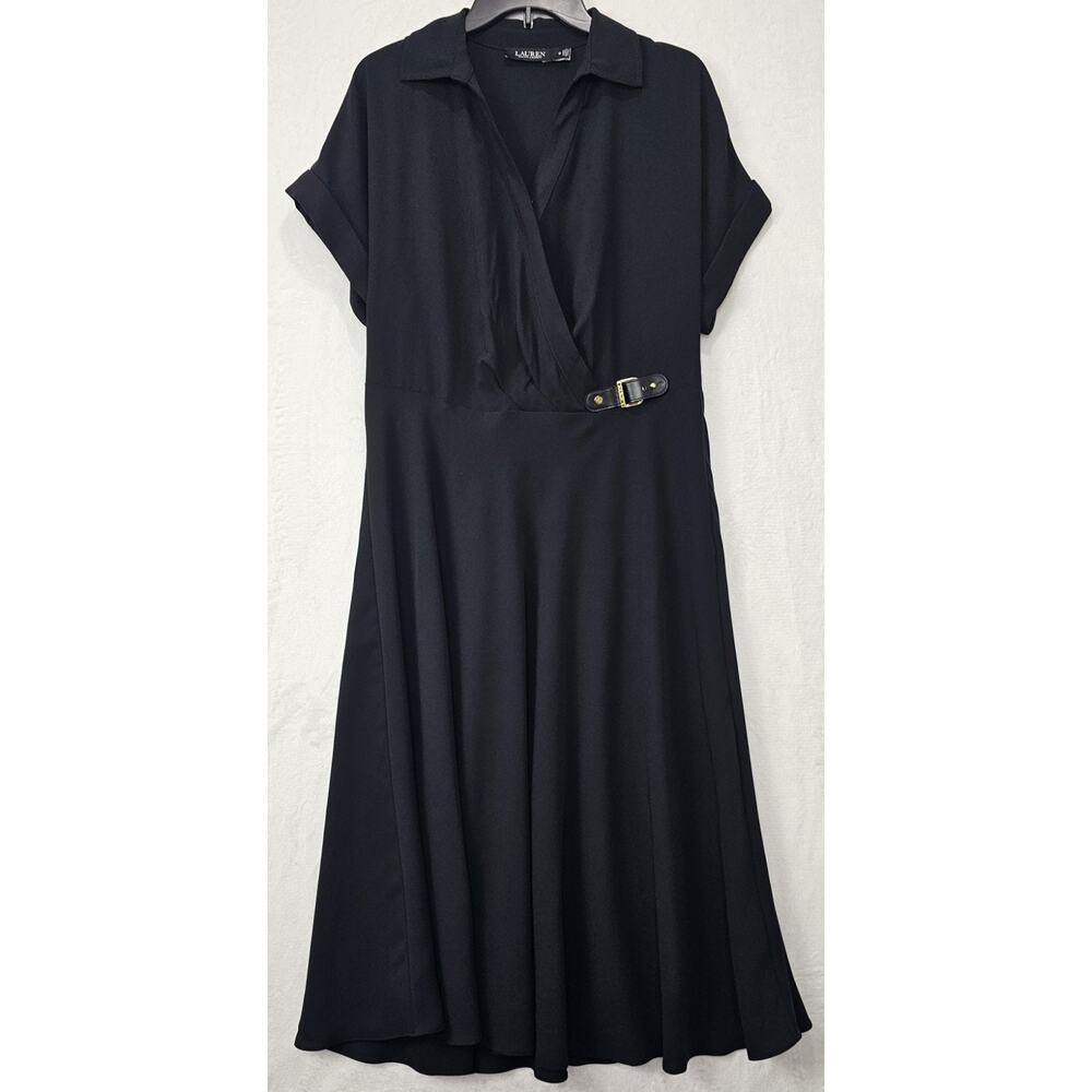 Lauren Ralph Lauren Buckle-Trim Georgette Dress Black Collared Women's Size 12